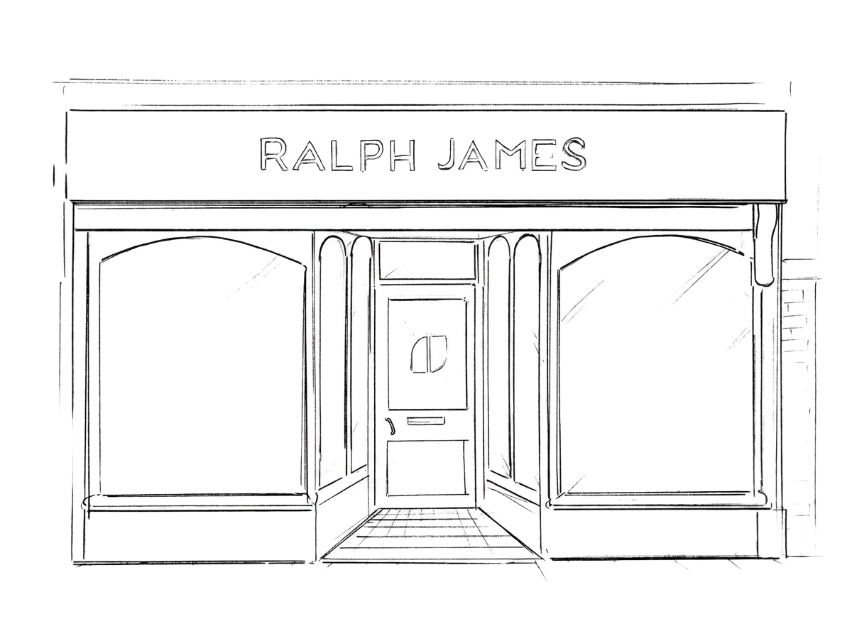 Hand-drawn sketch of the Ralph James Dorking storefront