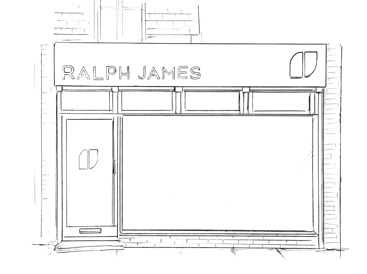 Hand-drawn sketch of the Ralph James Reigate storefront