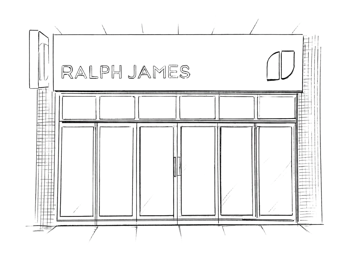 Hand-drawn sketch of the Ralph James Redhill storefront